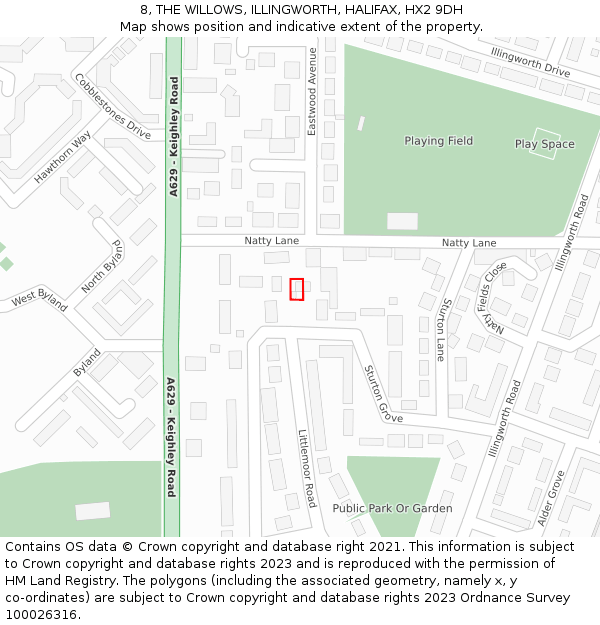 8, THE WILLOWS, ILLINGWORTH, HALIFAX, HX2 9DH: Location map and indicative extent of plot