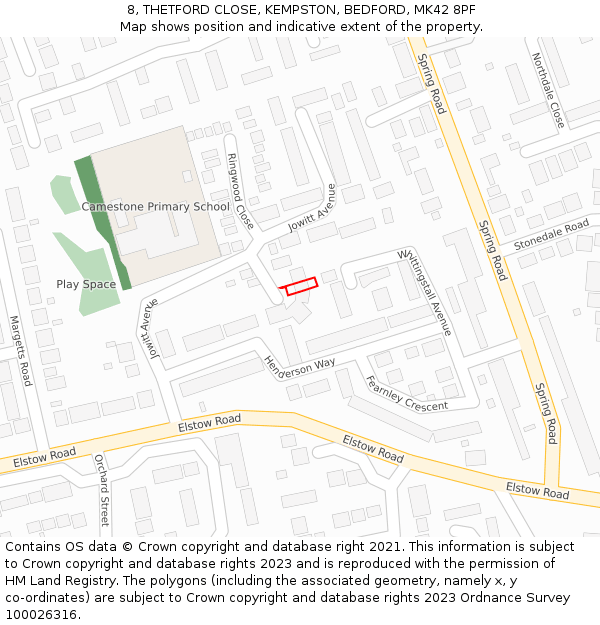 8, THETFORD CLOSE, KEMPSTON, BEDFORD, MK42 8PF: Location map and indicative extent of plot