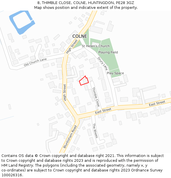 8, THIMBLE CLOSE, COLNE, HUNTINGDON, PE28 3GZ: Location map and indicative extent of plot