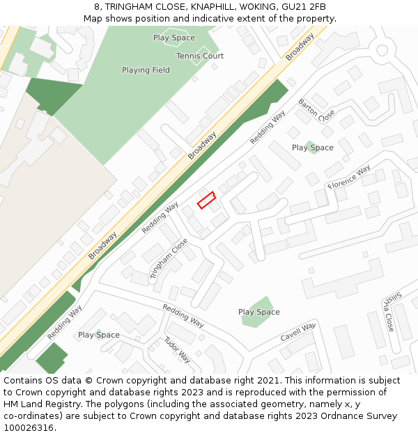 8, TRINGHAM CLOSE, KNAPHILL, WOKING, GU21 2FB: Location map and indicative extent of plot