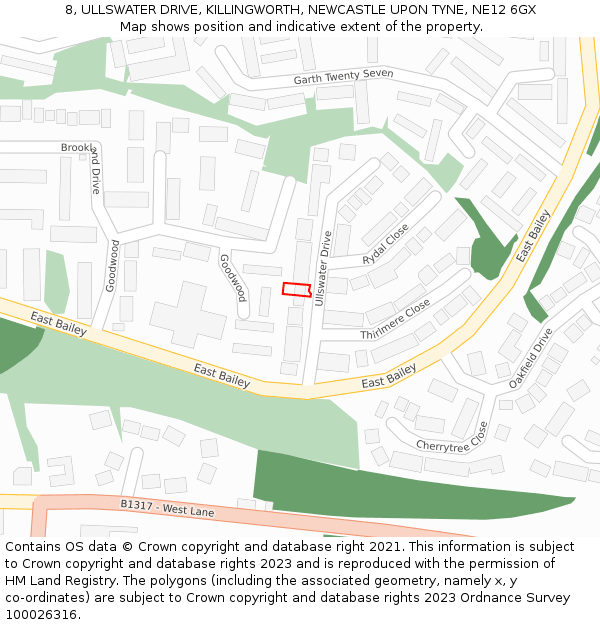 8, ULLSWATER DRIVE, KILLINGWORTH, NEWCASTLE UPON TYNE, NE12 6GX: Location map and indicative extent of plot