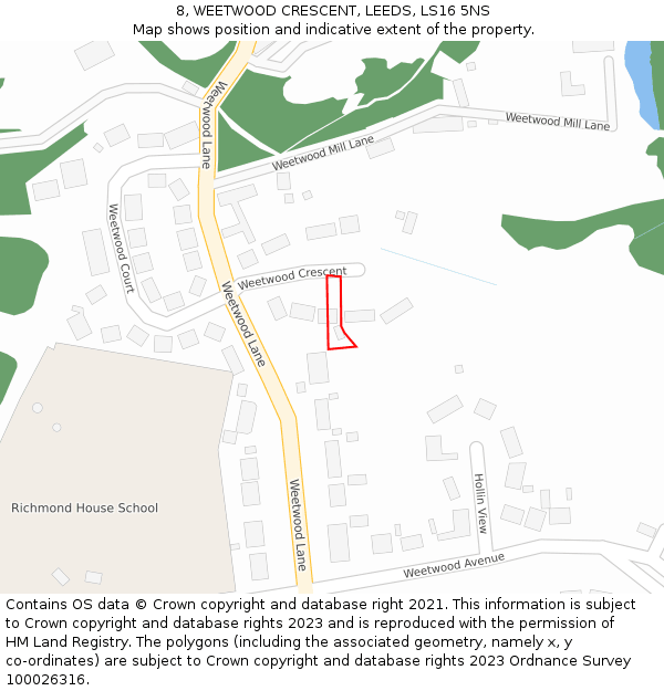 8, WEETWOOD CRESCENT, LEEDS, LS16 5NS: Location map and indicative extent of plot