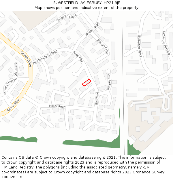 8, WESTFIELD, AYLESBURY, HP21 9JE: Location map and indicative extent of plot