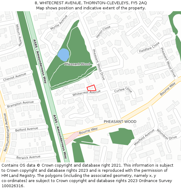 8, WHITECREST AVENUE, THORNTON-CLEVELEYS, FY5 2AQ: Location map and indicative extent of plot