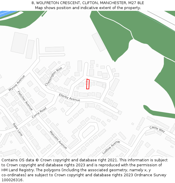 8, WOLFRETON CRESCENT, CLIFTON, MANCHESTER, M27 8LE: Location map and indicative extent of plot