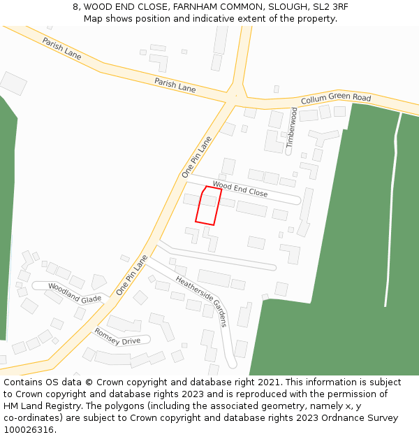 8, WOOD END CLOSE, FARNHAM COMMON, SLOUGH, SL2 3RF: Location map and indicative extent of plot