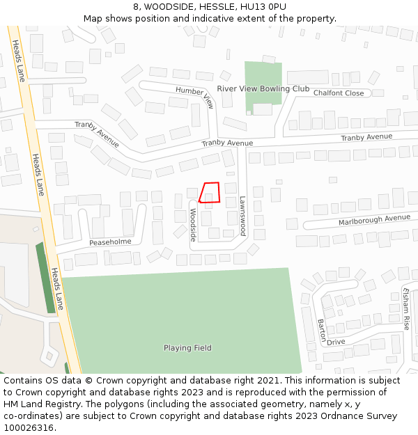 8, WOODSIDE, HESSLE, HU13 0PU: Location map and indicative extent of plot
