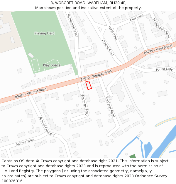 8, WORGRET ROAD, WAREHAM, BH20 4PJ: Location map and indicative extent of plot