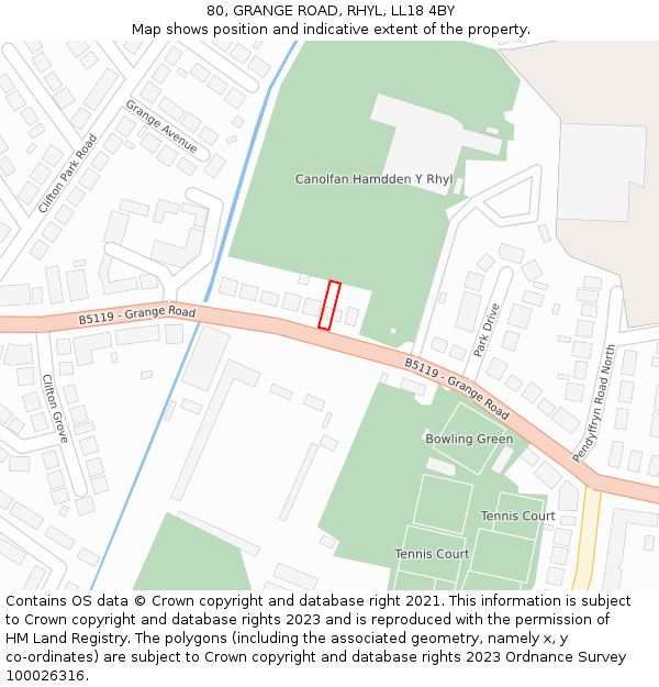 80, GRANGE ROAD, RHYL, LL18 4BY: Location map and indicative extent of plot