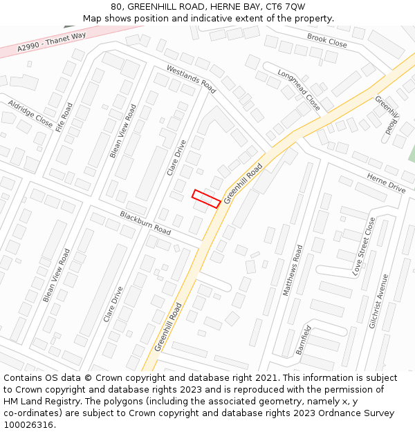 80, GREENHILL ROAD, HERNE BAY, CT6 7QW: Location map and indicative extent of plot