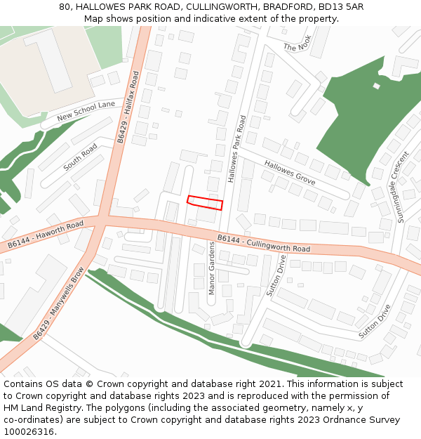 80, HALLOWES PARK ROAD, CULLINGWORTH, BRADFORD, BD13 5AR: Location map and indicative extent of plot