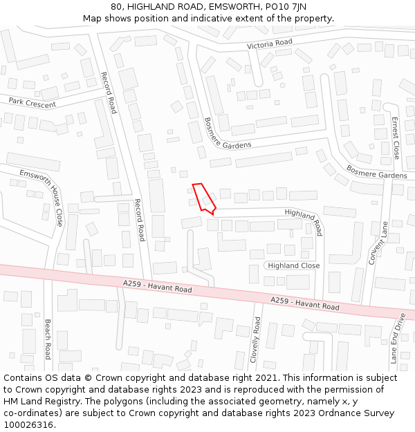 80, HIGHLAND ROAD, EMSWORTH, PO10 7JN: Location map and indicative extent of plot