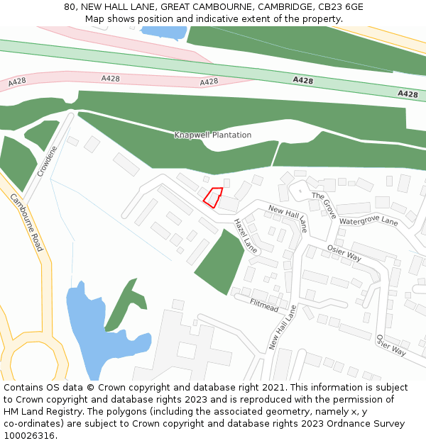 80, NEW HALL LANE, GREAT CAMBOURNE, CAMBRIDGE, CB23 6GE: Location map and indicative extent of plot