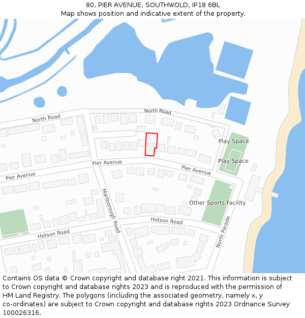 80, PIER AVENUE, SOUTHWOLD, IP18 6BL: Location map and indicative extent of plot