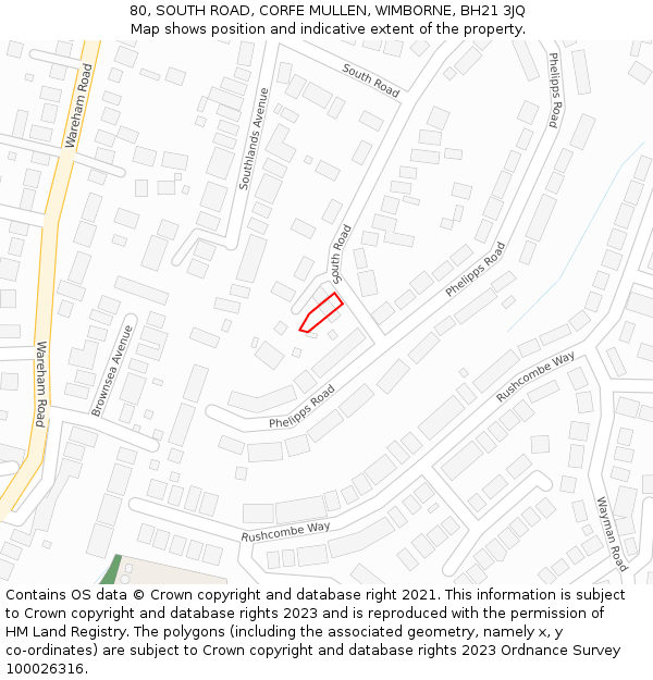 80, SOUTH ROAD, CORFE MULLEN, WIMBORNE, BH21 3JQ: Location map and indicative extent of plot