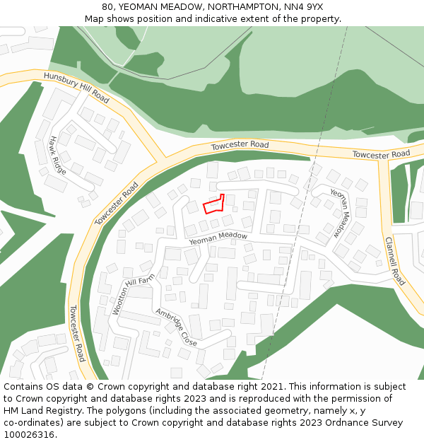 80, YEOMAN MEADOW, NORTHAMPTON, NN4 9YX: Location map and indicative extent of plot