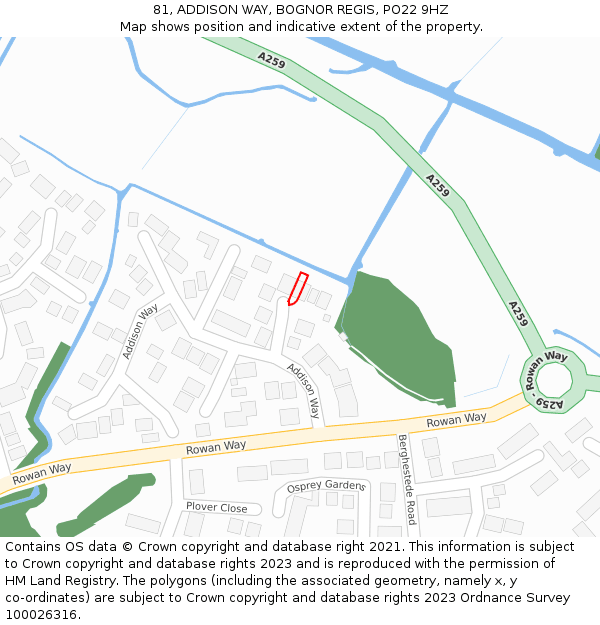 81, ADDISON WAY, BOGNOR REGIS, PO22 9HZ: Location map and indicative extent of plot