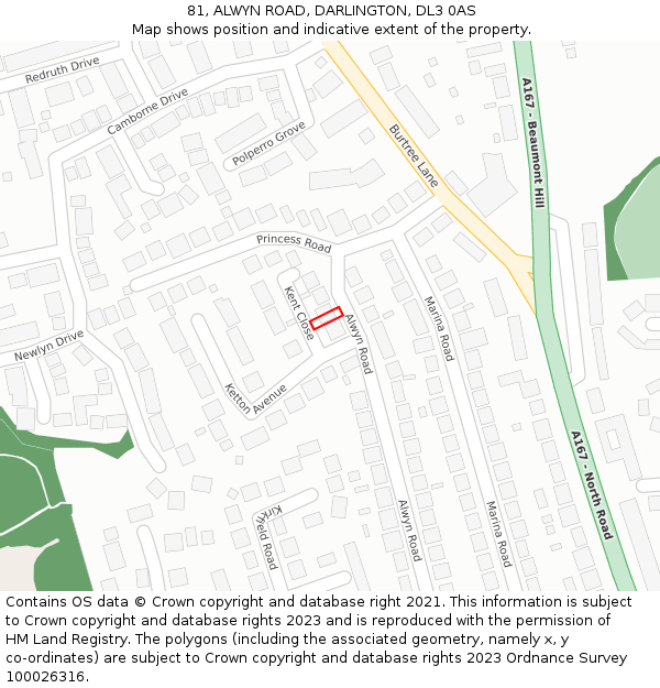 81, ALWYN ROAD, DARLINGTON, DL3 0AS: Location map and indicative extent of plot