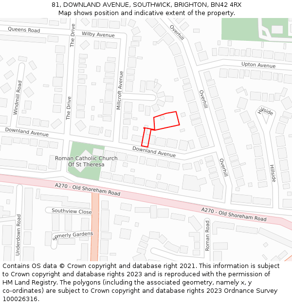 81, DOWNLAND AVENUE, SOUTHWICK, BRIGHTON, BN42 4RX: Location map and indicative extent of plot