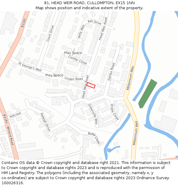 81, HEAD WEIR ROAD, CULLOMPTON, EX15 1NN: Location map and indicative extent of plot