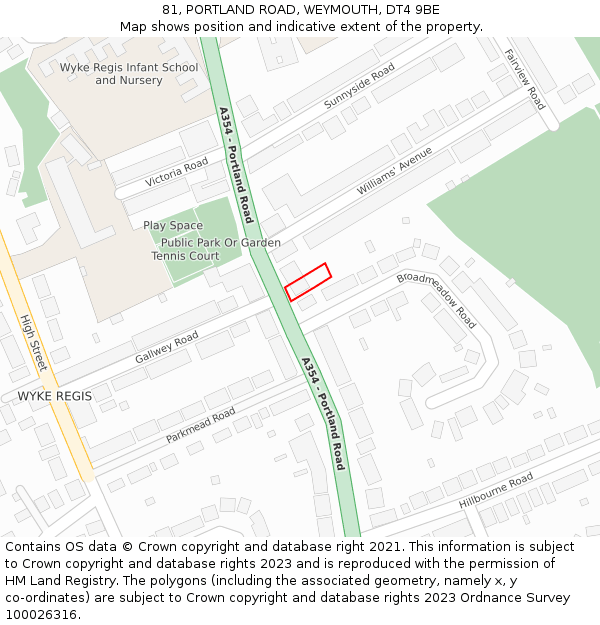 81, PORTLAND ROAD, WEYMOUTH, DT4 9BE: Location map and indicative extent of plot