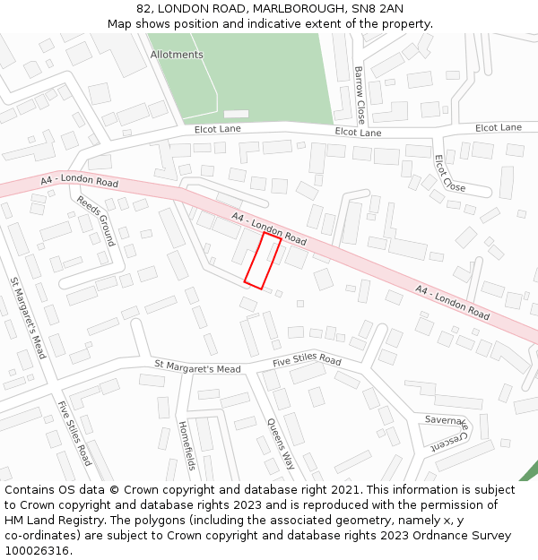 82, LONDON ROAD, MARLBOROUGH, SN8 2AN: Location map and indicative extent of plot