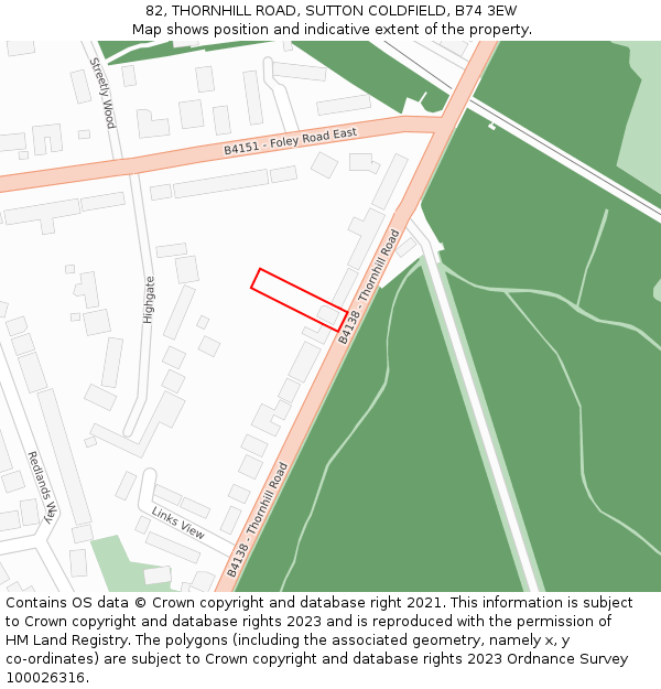 82, THORNHILL ROAD, SUTTON COLDFIELD, B74 3EW: Location map and indicative extent of plot