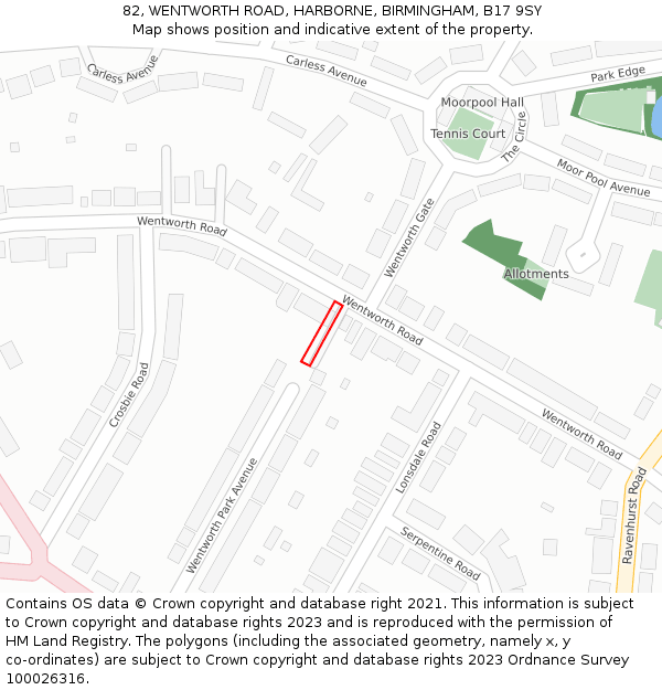 82, WENTWORTH ROAD, HARBORNE, BIRMINGHAM, B17 9SY: Location map and indicative extent of plot