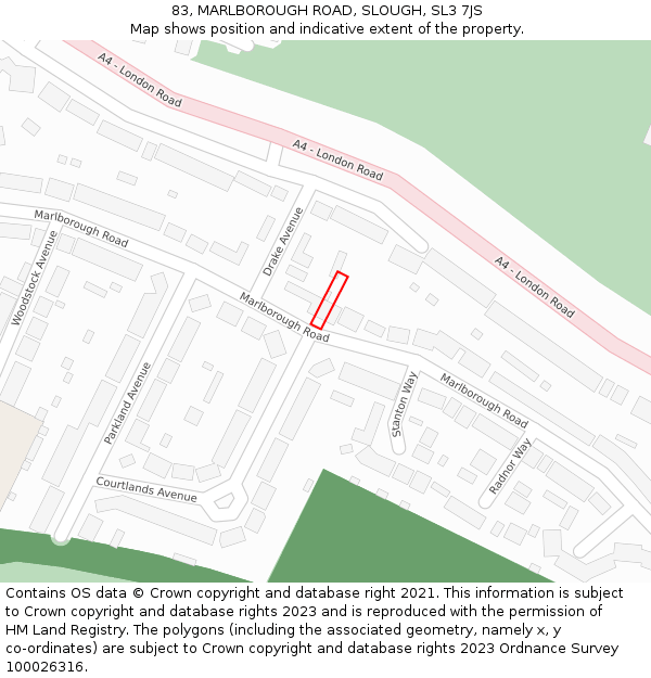 83, MARLBOROUGH ROAD, SLOUGH, SL3 7JS: Location map and indicative extent of plot