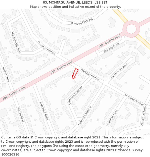 83, MONTAGU AVENUE, LEEDS, LS8 3ET: Location map and indicative extent of plot