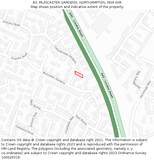 83, MUNCASTER GARDENS, NORTHAMPTON, NN4 0XR: Location map and indicative extent of plot