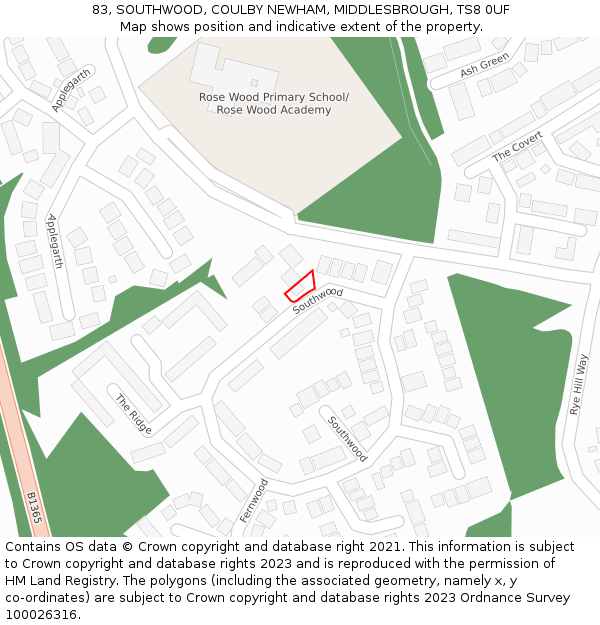83, SOUTHWOOD, COULBY NEWHAM, MIDDLESBROUGH, TS8 0UF: Location map and indicative extent of plot
