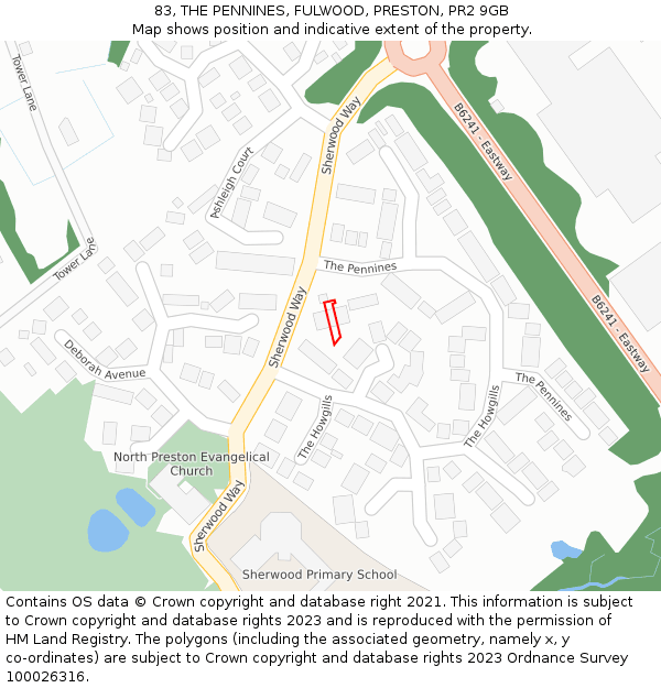 83, THE PENNINES, FULWOOD, PRESTON, PR2 9GB: Location map and indicative extent of plot