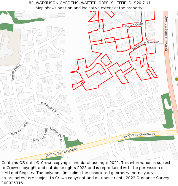 83, WATKINSON GARDENS, WATERTHORPE, SHEFFIELD, S20 7LU: Location map and indicative extent of plot