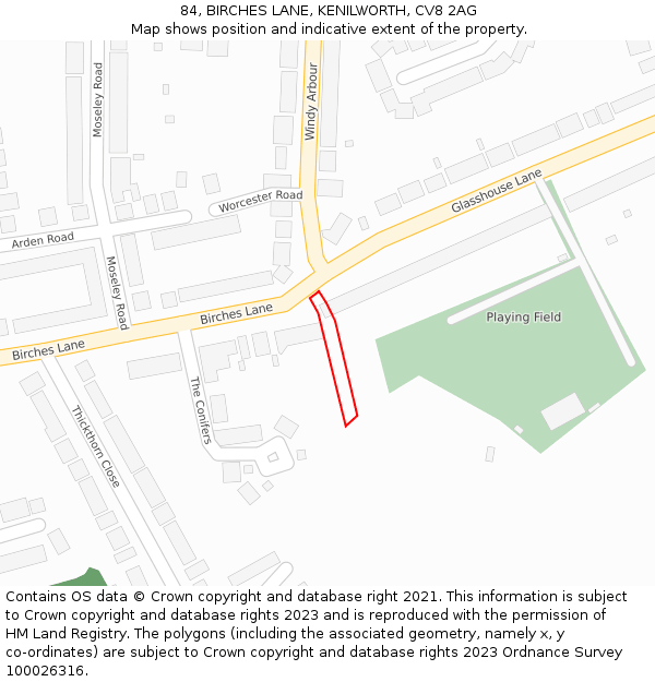 84, BIRCHES LANE, KENILWORTH, CV8 2AG: Location map and indicative extent of plot