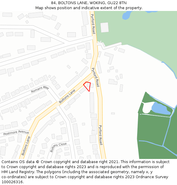 84, BOLTONS LANE, WOKING, GU22 8TN: Location map and indicative extent of plot