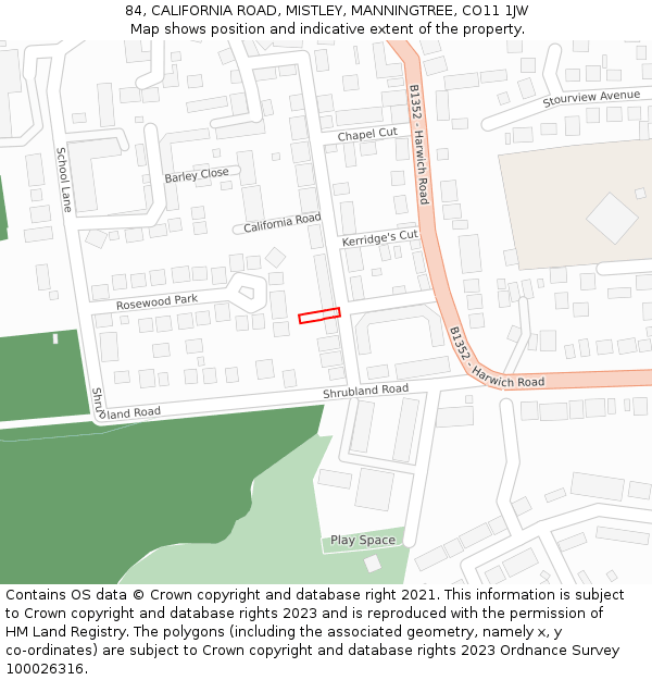 84, CALIFORNIA ROAD, MISTLEY, MANNINGTREE, CO11 1JW: Location map and indicative extent of plot