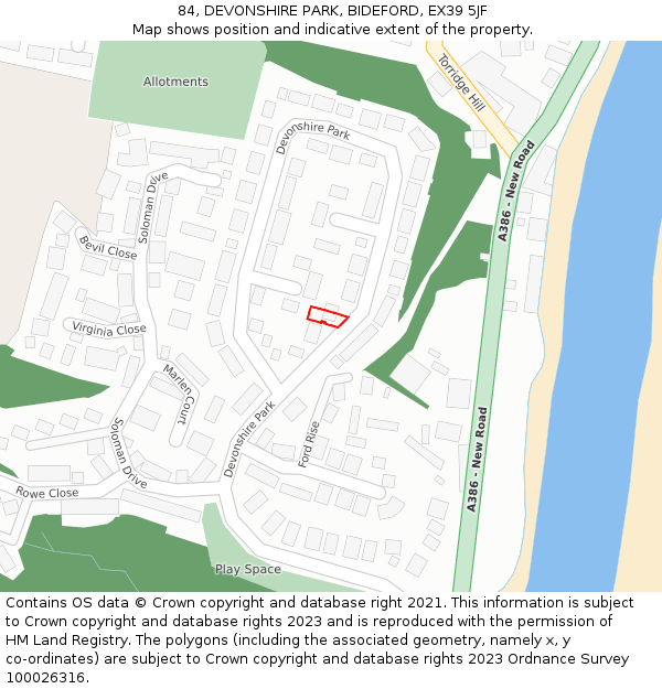 84, DEVONSHIRE PARK, BIDEFORD, EX39 5JF: Location map and indicative extent of plot