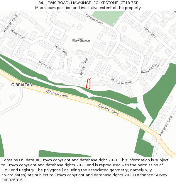 84, LEWIS ROAD, HAWKINGE, FOLKESTONE, CT18 7SE: Location map and indicative extent of plot