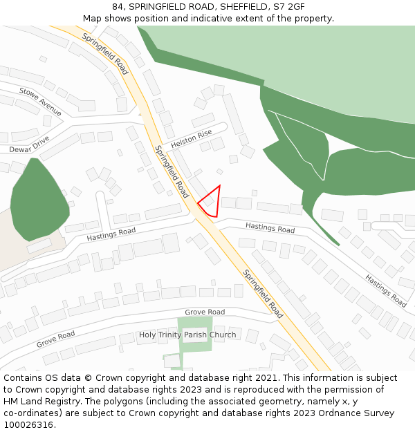 84, SPRINGFIELD ROAD, SHEFFIELD, S7 2GF: Location map and indicative extent of plot