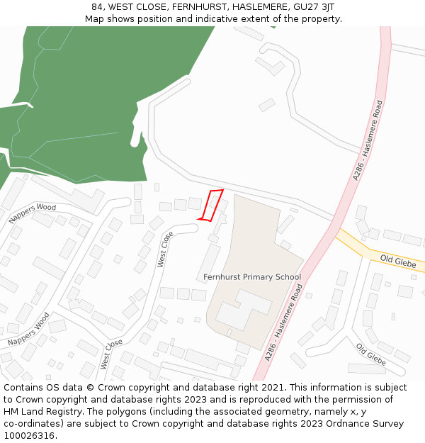 84, WEST CLOSE, FERNHURST, HASLEMERE, GU27 3JT: Location map and indicative extent of plot