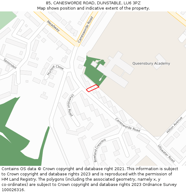 85, CANESWORDE ROAD, DUNSTABLE, LU6 3PZ: Location map and indicative extent of plot