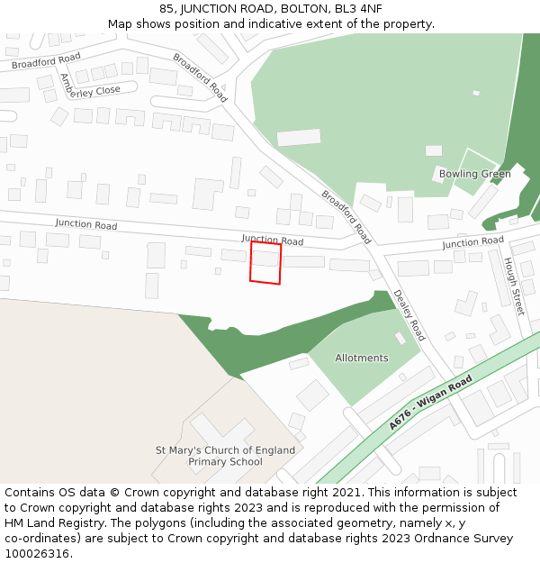 85, JUNCTION ROAD, BOLTON, BL3 4NF: Location map and indicative extent of plot