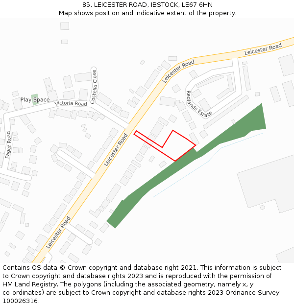 85, LEICESTER ROAD, IBSTOCK, LE67 6HN: Location map and indicative extent of plot
