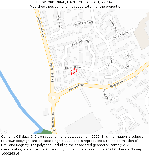 85, OXFORD DRIVE, HADLEIGH, IPSWICH, IP7 6AW: Location map and indicative extent of plot