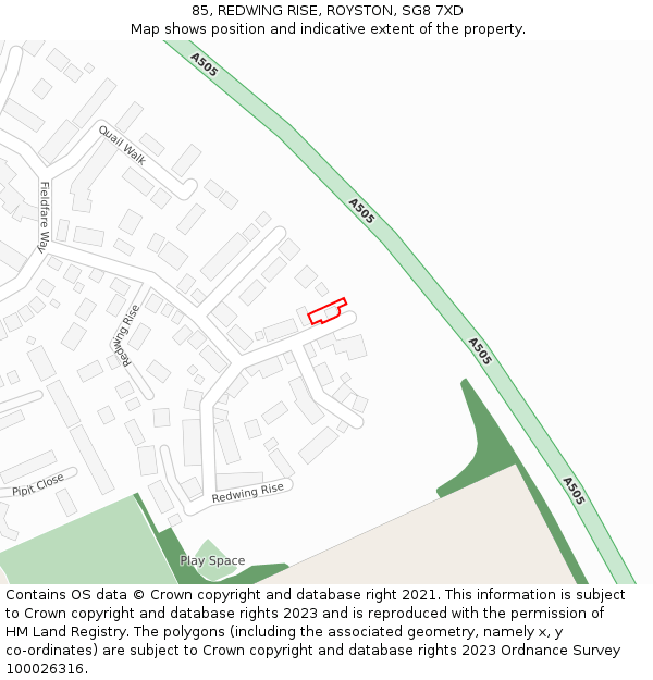 85, REDWING RISE, ROYSTON, SG8 7XD: Location map and indicative extent of plot