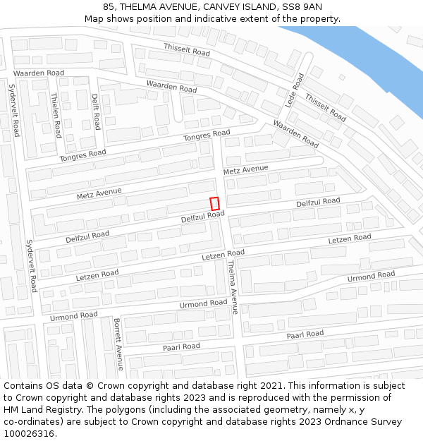 85, THELMA AVENUE, CANVEY ISLAND, SS8 9AN: Location map and indicative extent of plot