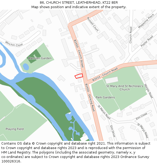 86, CHURCH STREET, LEATHERHEAD, KT22 8ER: Location map and indicative extent of plot