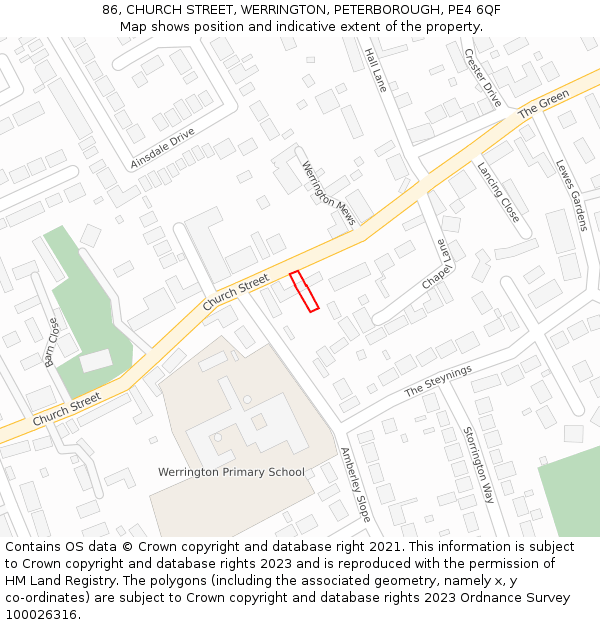86, CHURCH STREET, WERRINGTON, PETERBOROUGH, PE4 6QF: Location map and indicative extent of plot
