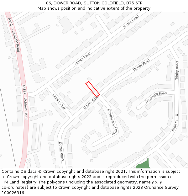 86, DOWER ROAD, SUTTON COLDFIELD, B75 6TP: Location map and indicative extent of plot